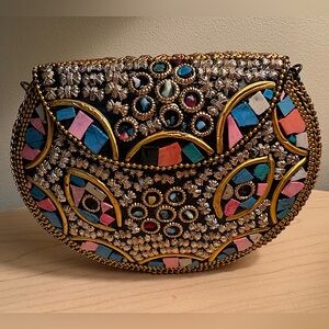 Ramla Rio Multicolored Gold Mosaic Clutch Crossbody Handmade in Morocco New